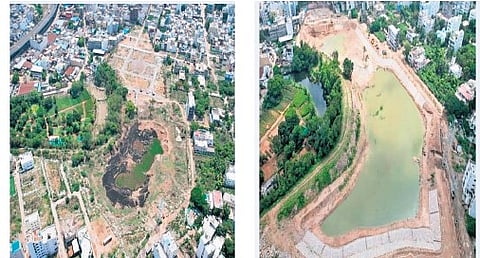 A before (left) photo of the polluted Bum-Rukn-ud-Dowla lake in Rajendranagar and how it is expected to look after the rejevunation process (right)