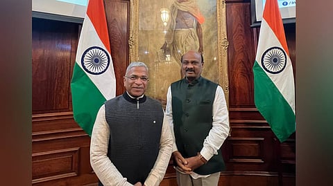 Assembly Speaker Ch Ayyanna Patrudu with Rajya Sabha Deputy Chairman Harivansh Narayan in London.