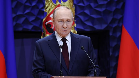 Russian President Vladimir Putin speaks during the opening ceremony of a concert hall in Sirius urban-type settlement, Krasnodar Territory, Russia, Friday, Oct. 3, 2025.
