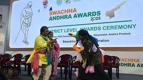 Artists perform during the NTR district level Swachha Andhra awards event at Tummalapalli Kalashetram in Vijayawada on Tuesday.