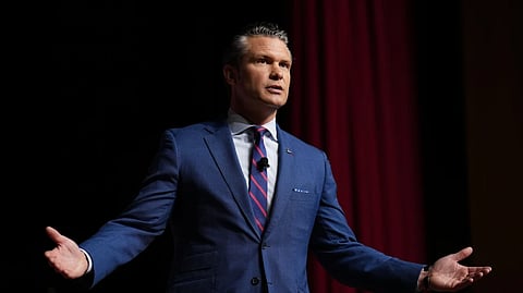 Secretary of Defense Pete Hegseth speaks to senior military leaders at Marine Corps Base Quantico, Tuesday, Sept. 30, 2025 in Quantico, Va.