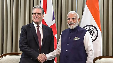 Prime Minister Narendra Modi with United Kingdom Prime Minister Keir Starmer during a meeting, in Mumbai.