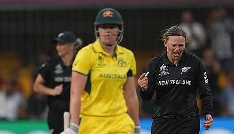 New Zealand's Lea Tahuhu (R) during her team's recent clash against Australia at Holkar Cricket Stadium in Indore