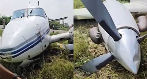A video seen on social media showed the aircraft lying on the ground with its wings and propeller clearly visible, with its front section visibly tilted towards the ground.