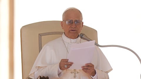 Pope Leo XIV holds his weekly general audience in St. Peter's Square, at the Vatican, Wednesday, Oct. 8, 2025.