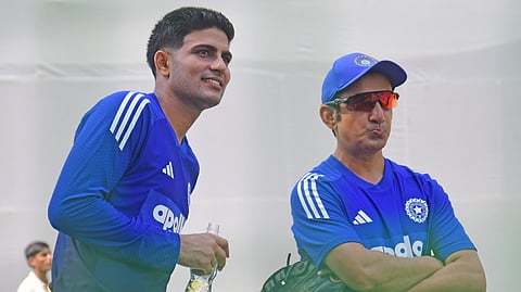 India captain Shubman Gill with head coach Gautam Gambhir on the eve of the second Test against West Indies in New Delhi