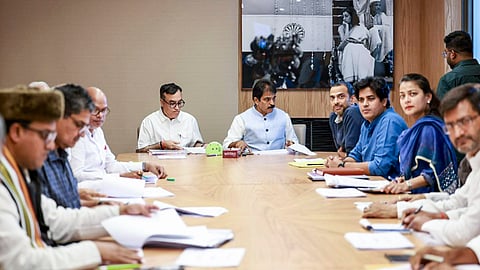 Congress MP KC Venugopal with other party leaders during CEC meeting for Bihar at Indira Bhawan, in New Delhi.
