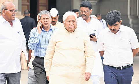 Law and Parliamentary Affairs Minister HK Patil arrives in Vidhana Soudha to attend the cabinet meeting in Bengaluru on Thursday.