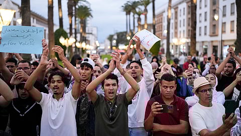People take part in a youth-led protest against corruption and calling for education and healthcare reforms in Rabat, Morocco, Thursday, Oct. 9, 2025.