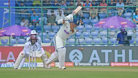 India opener Yashasvi Jaiswal plays a shot on Day 1 of the second Test against West Indies in New Delhi on Friday