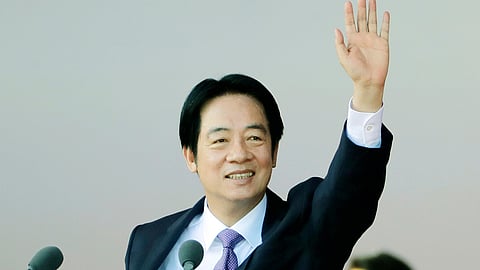 Taiwanese President Lai Ching-te delivers a speech during National Day celebrations in front of the Presidential Building in Taipei, Taiwan, Friday, Oct. 10, 2025.