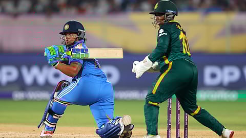 Richa Ghosh plays a shot during the ICC Women's Cricket World Cup match between India and South Africa at the ACA-VDCA International Cricket Stadium, in Visakhapatnam, Thursday, Oct. 9, 2025.