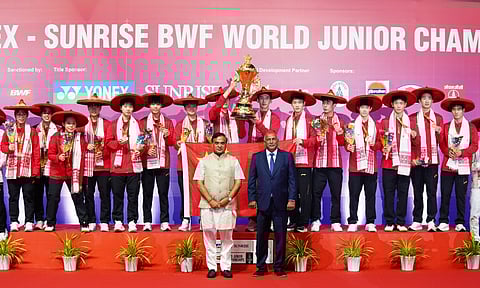 Players from China with the top prize on Saturday. Assam Chief Minister and Badminton Association of India president Himanta Biswa Sarma (front left) was also present during the trophy presentation ceremony. This was China's record 15th crown overall