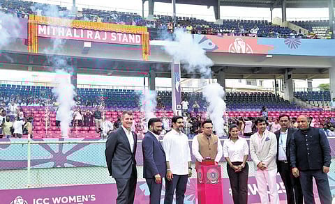 IT Minister Nara Lokesh and ICC Chairman Jay Shah inaugurate the stand named after former India captain Mithali Raj
at the ACA-VDCA International Cricket Stadium in Visakhapatnam on Sunday