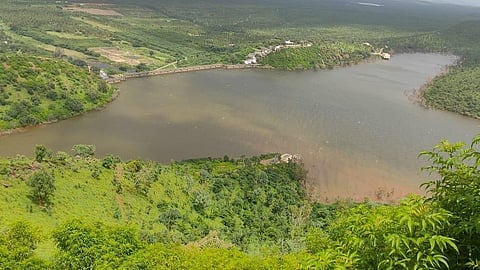 Drone view of Vani Vilas Sagar dam at VV Pura village of Hiriyur taluk on Thursday.