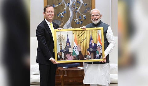 US Ambassador-designate Sergio Gor presented Prime Minister Modi with a framed photograph from a White House press conference earlier this year, featuring President Donald Trump’s handwritten message: “Mr Prime Minister, you are great.”