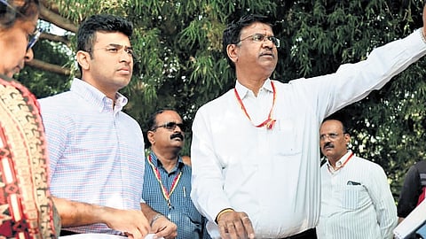 Bengaluru South MP Tejasvi Surya inspects the proposed site of the tunnel road ramp at Lalbagh on Sunday