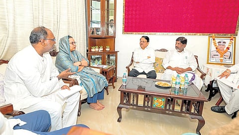 Deputy Chief Minister Bhatti Vikramarka speaks to the family members of
late IPS officer Y Puran Kumar at Chandigarh on Monday