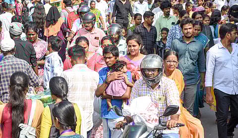 Sea of shoppers walking through NSB Road, one of the major commercial hubs in Tiruchy, on Monday, the first working day
day of the week