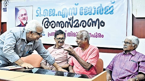 Writer K S Ravikumar interacs with T J S George’s brother T J Mathew during a memorial lecture organised by Thiruvananthapuram Press Club on Monday