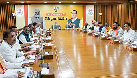 Prime Minister Narendra Modi, BJP National President JP Nadda, and other senior party leaders attend the Central Election Committee (CEC) meeting at the party headquarters, in New Delhi, Sunday, Oct. 12, 2025.
