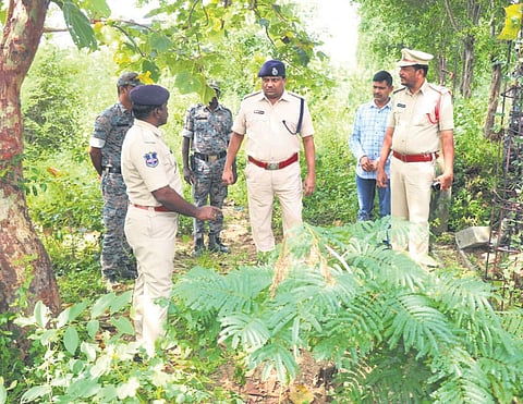 Medak SP Srinivas Rao inspects the spot near the Edupayala Vanadurga temple in Kulcharam mandal, where a tribal woman was found stripped and tied to a pillar