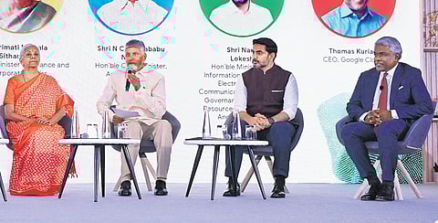 FM Nirmala Sitharaman, AP Chief Minister N Chandrababu Naidu, IT Minister Nara Lokesh and Google Cloud CEO Thomas Kurian (R) at an event in Delhi