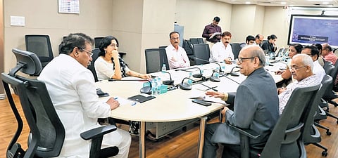 Industries Minister MB Patil at a consultative meeting with the Karnataka Regional Imbalance Redressal Committee on Tuesday.
