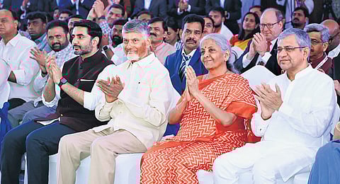 Chief Minister N Chandrababu Naidu, IT Minister Nara Lokesh, Union Finance Minister Nirmala Sitharaman and Union Minister for Electronics and IT Ashwini Vaishnaw during the MoU signing with Google in New Delhi on Tuesday