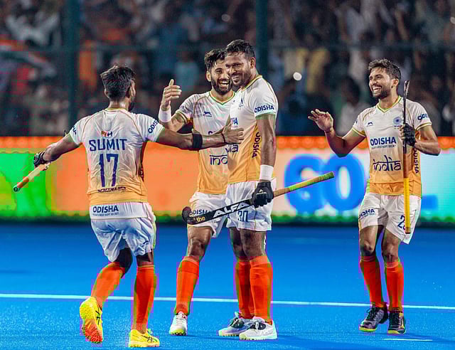 India hockey team members celebrating their win against South Korea at the Asia Cup in Bihar