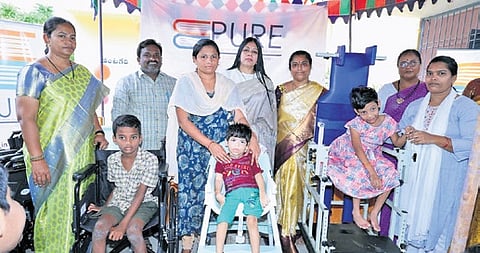 The Bhavitha Special Needs Center in Ibrahimpatnam received assistive equipment and classroom furniture worth â,¹1.5 lakh, donated by the global non-profit organization PURE (People for Urban and Rural Education) on Tuesday.