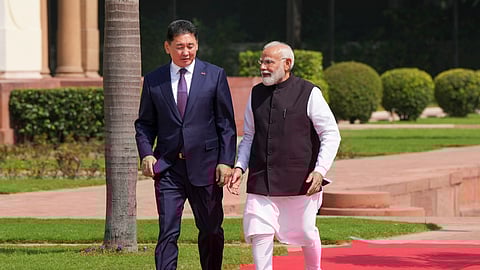 New Delhi: Prime Minister Narendra Modi with Mongolian President Khurelsukh Ukhnaa at Hyderabad House, in New Delhi, Tuesday, Oct. 14, 2025.