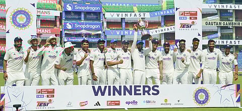 Victorious Team India celebrate their 2-0 series triumph over West Indies on Tuesday in New Delhi