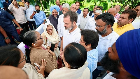 Union Minister and Lok Janshakti Party (Ram Vilas) Chief Chirag Paswan speaks to the media as he meets the family members of Haryana IPS officer Y. Puran Kumar, in Chandigarh, Tuesday, Oct. 14, 2025.