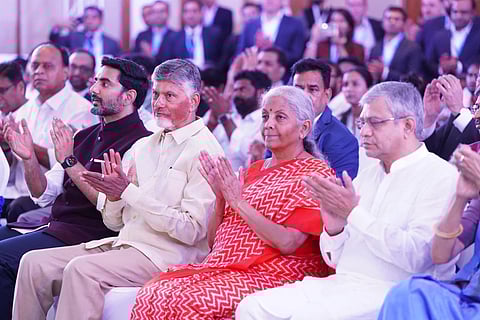 Andhra Pradesh Chief Minister N. Chandrababu Naidu, Union Finance Minister Nirmala Sitharaman and Union Information and Broadcasting Minister Ashwini Vaishnaw at the event where the state government signed an MoU with Google (Photo | Express)