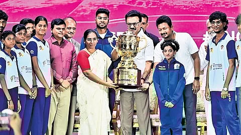 CM MK Stalin handing out trophies to winners in Chennai on Tuesday