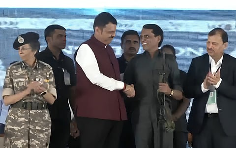 Naxal Commander Mallojula Venugopal Rao alias Bhupati, surrenders in front of CM Devendra Fadnavis at the Gadchiroli Police Police Headquarters.