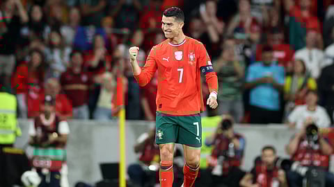 Portugal's Cristiano Ronaldo celebrates scoring his team's second goal during the 2026 World Cup qualifiers Europe zone group F football match between Portugal and Hungary on October 14, 2025.