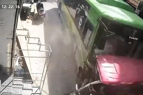 CCTV footage shows DTC bus colliding with a school van, e-rickshaw, and bike in Shahdara. Children and e-rickshaw rider got injured, the driver was arrested.