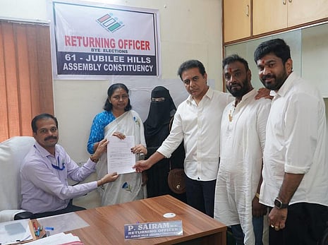 BRS candidate Maganti Sunitha Gopinath files her nomination for the Jubilee Hills byelection at the Tahsildar's office in Shaikpet.