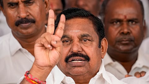 Leader of Opposition in Tamil Nadu Assembly Edappadi K Palaniswami addresses the media after a walkout by AIADMK MLAs during ongoing state Assembly session, at Fort St. George, in Chennai, Wednesday, Oct. 15, 2025.