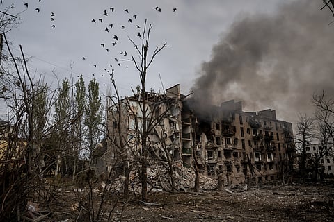 Smoke raises amid the ruins in Kostiantynivka, a frontline town where some 5000 people still stay with no water, electricity and gas supply in the site of heaviest battles with the Russian troops in the Donetsk region, Ukraine.