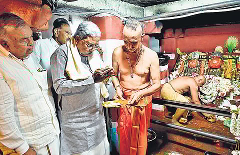 Chief Minister Siddaramaiah at the Sri Hasanamba Temple in Hassan on Wednesday.