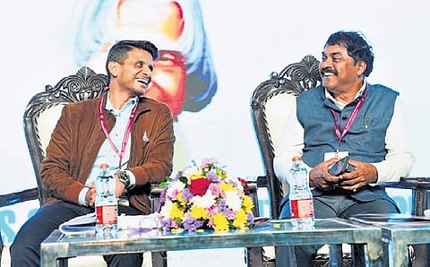 Astronaut Shubanshu Shukla and former DRDO chairman Satheesh Reddy at Kalam’s Space Convention 2025 in Hyderabad on Wednesday.