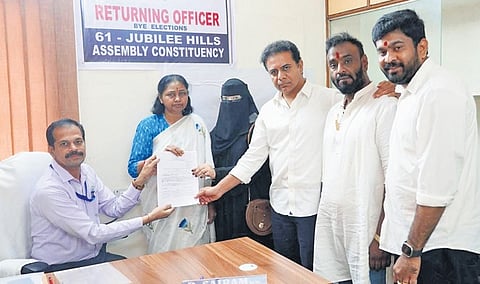 BRS candidate Maganti Sunitha Gopinath files her nomination at the tahsildar’s office in Shaikpet on Wednesday
