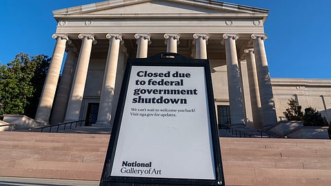 A sign that reads "Closed due to federal government shutdown" is seen outside of the National Gallery of Art in Washington, Oct. 6, 2025.