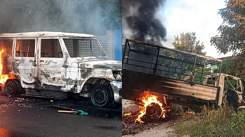 Vehicles set ablaze by protestors lies on a roadside after an agitated mob hurled stones at vehicles carrying five accused arrested in cultural icon Zubeen Garg's death case as they were being brought to the Central Jail, in Baksa, Assam, Wednesday, Oct. 15,