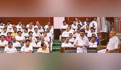 Tamil Nadu MK Stalin speaks in the state Legislative Assembly.