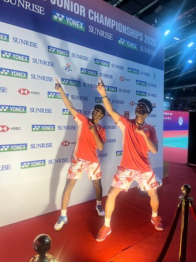Bhargav Ram Arigela (L) and Viswa Tej Gobburu celebrate after their Round of 16 match