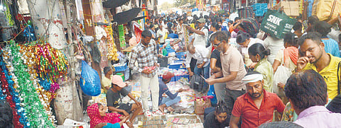 Huge crowd at Sadar Bazar as people shop for decorative items ahead of Diwali.
